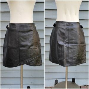Vintage 90s y2k Black Leather Buckle Wrap Biker Baddie Moto Sexy Goth Mini Skirt